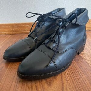Vintage Prima Royale Navy Leather Lace-Up Foldover Cuff Ankle Boots Victorian